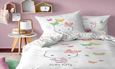 CTI Hello Kitty Motyle Pościel dla dzieci 100% bawełna | OEKO-TEX | Poszewka na kołdrę dla dziewczynek 1 osoby 140x200 cm + 1 poszewka na poduszkę 63x63 cm z nadrukiem dwustronnym | biała 3272760478499
