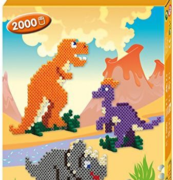 Hama 3434 zestaw do robienia biżuterii Dino świata, ok. 2000 koralików, 1 pojemnik na płyty do prasowania i akcesoria
