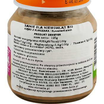 Holle Danie BIO dla niemowląt - mięso z kurczaka - bez glutenu, soli, mleka, drożdży i jaj po 5 miesiącu