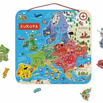 Janod J05475 puzzle z mapy Europy z drewna 40 magnetyczne elementy puzzli 45 x 45 cm wersja italańska od 7 lat J05475