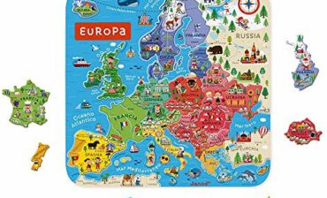 Janod J05475 puzzle z mapy Europy z drewna 40 magnetyczne elementy puzzli 45 x 45 cm wersja italańska od 7 lat J05475