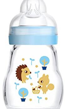 Mam Feel Good butelka dla niemowląt ze szkła (170 ml), butelka dla niemowląt z szerokim otworem, stabilna butelka do picia dla niemowląt z przyssawką rozm. 1, od urodzenia, jeż/wiewiórka