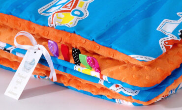 Mamo-Tato Komplet kocyk Minky do wózka + poduszka Auta niebieskie / pomarańcz