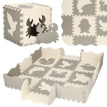 Mata piankowa 120x120 cm zwierzątka puzzle dla dzieci pianka EVA szaro-beżowa FM0016
