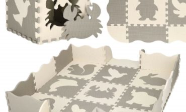 Mata piankowa 120x120 cm zwierzątka puzzle dla dzieci pianka EVA szaro-beżowa FM0016