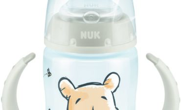 NUK Butelka FC+ z PP 150ml do nauki picia z uchwytami i z wskaźnikiem temperatury (ustnik SILIKON niekapek) beżowa - seria DISNEY KUBUŚ PUCHATEK 743945C