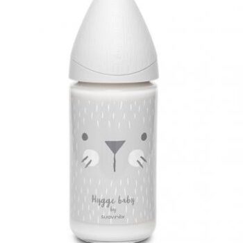 Suavinex Butelka szklana 240ml smoczek okrągły silikonowy 3 przepływowy Kotek Szary Hygge Baby