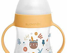 Suavinex Suavinex, Pierwsza butelka z uchwytami, kubek do nauki z miękkim silikonowym wylewką. Butelka do nauki z systemem antykolicznym. 150 ml. +4 miesiące. Żółty las