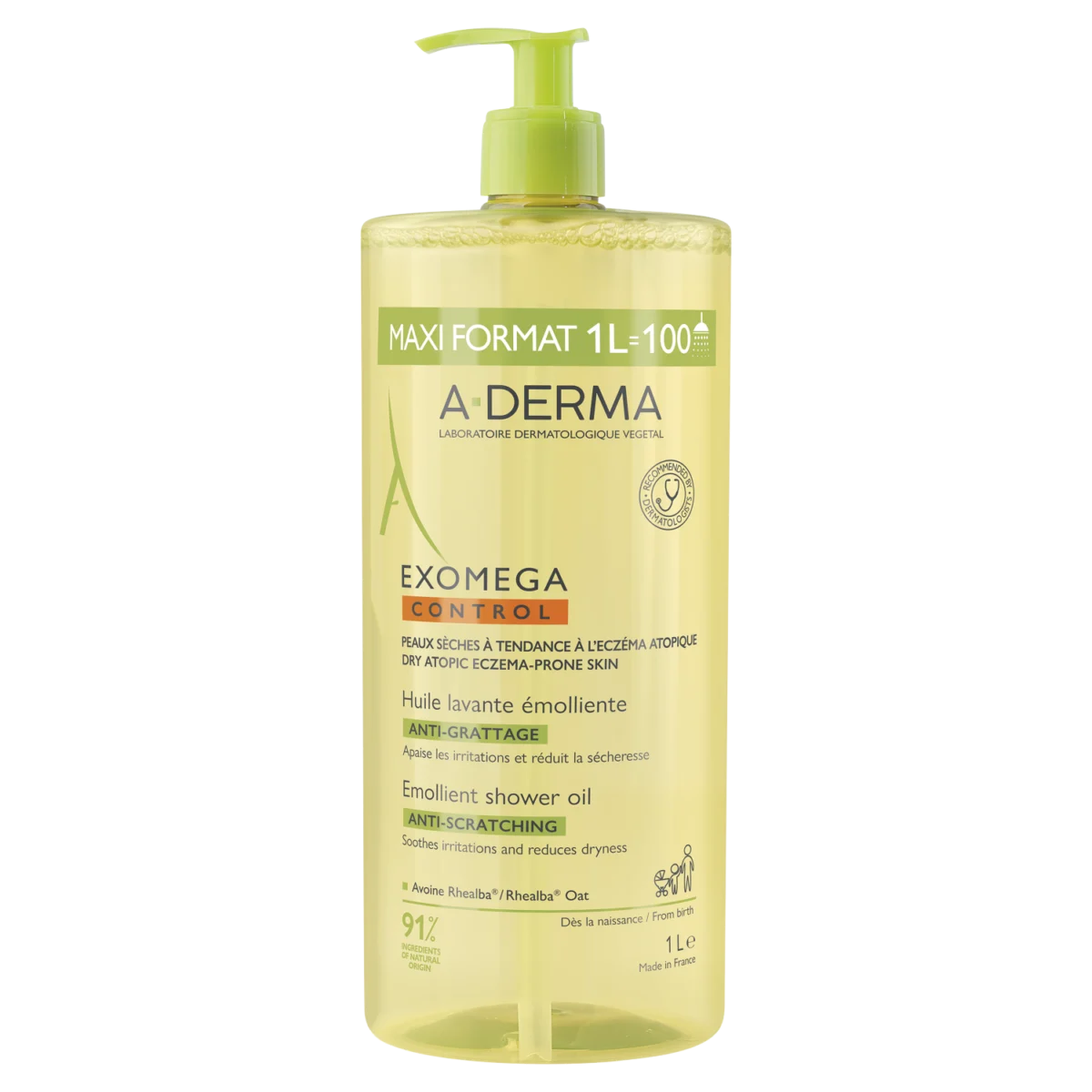 A-Derma Exomega Control, oczyszczający olejek emolientowy pod prysznic, zapobiegający drapaniu, od urodzenia, 1 l