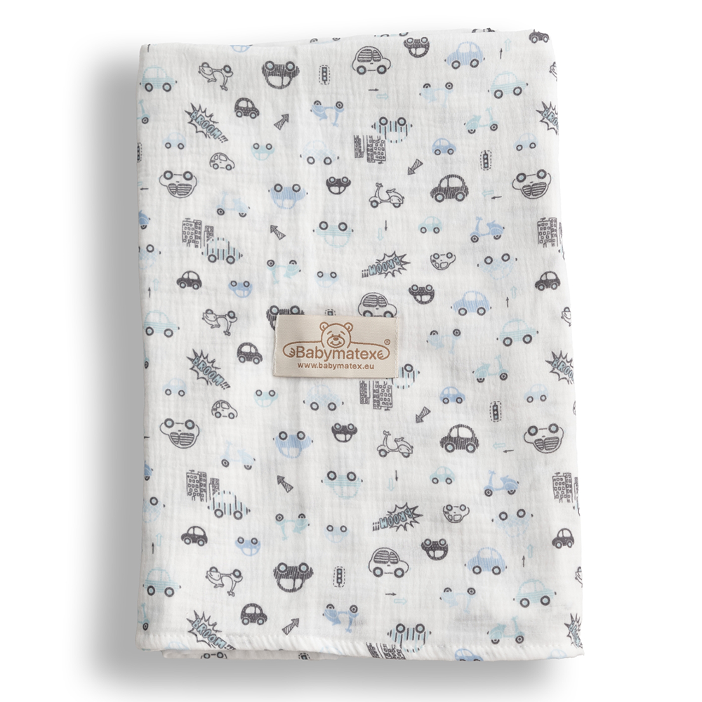 BabyMatex, otulacz muślinowy Muslin Design, 80 cm x 120 cm, biały w autka