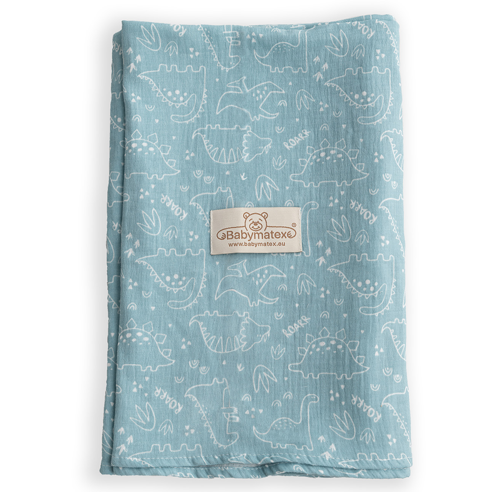 BabyMatex, otulacz muślinowy Muslin Design, 80 cm x 120 cm, zielony w dinozaury