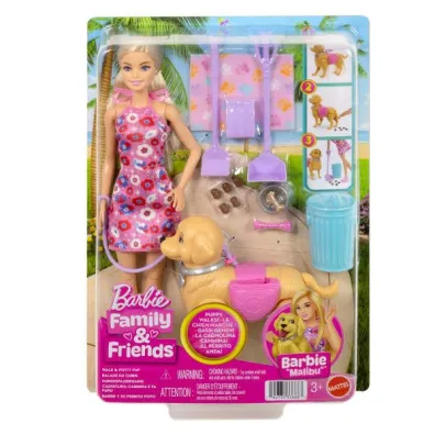 Barbie lalka Malibu spacer z pieskiem czyścioszkiem Mattel