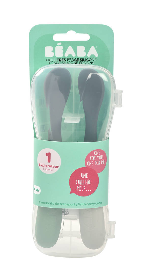 Beaba Zestaw 2 łyżeczek silikonowych w podróżnym etui 4 m+ mineral grey/sage green