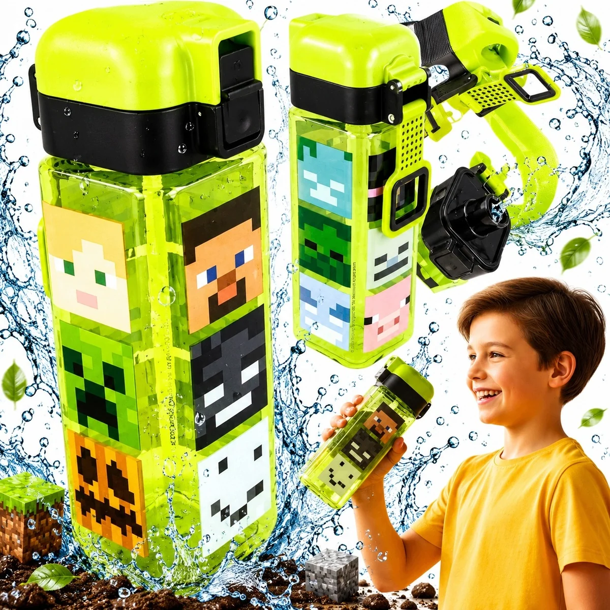 BIDON MINECRAFT 550ML KWADRATOWY SAFETY LOCK BPA FREE DO SZKOŁY
