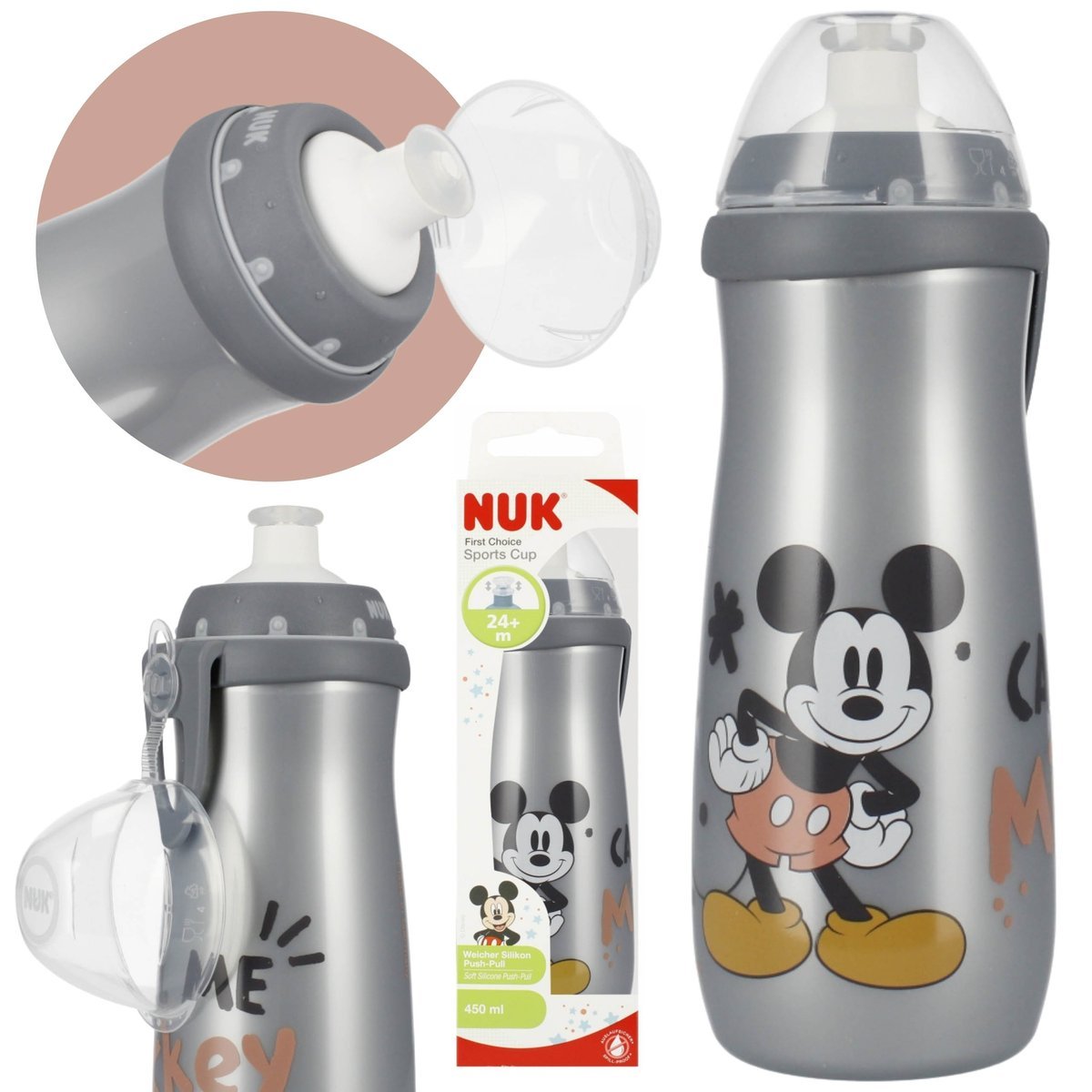 DISNEY Myszka Mickey BUTELKA NA WODĘ z silikonowym ustnikiem, szary BIDON z klipsem 450 ml