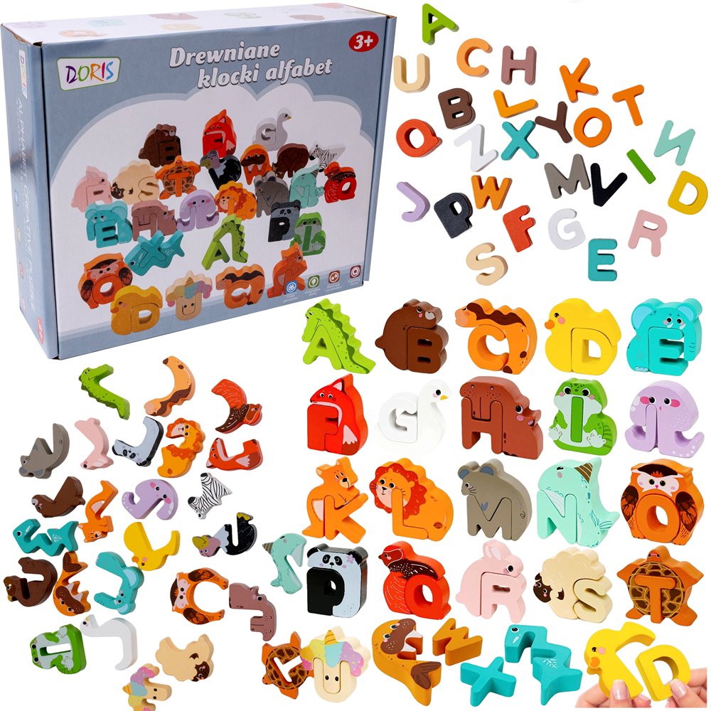 Drewniane Klocki Edukacyjne Alfabet Zwierzątka Drewniana Układanka Montessori - Nauka Liter Alfabetu - Dopasuj Połącz Puzzle