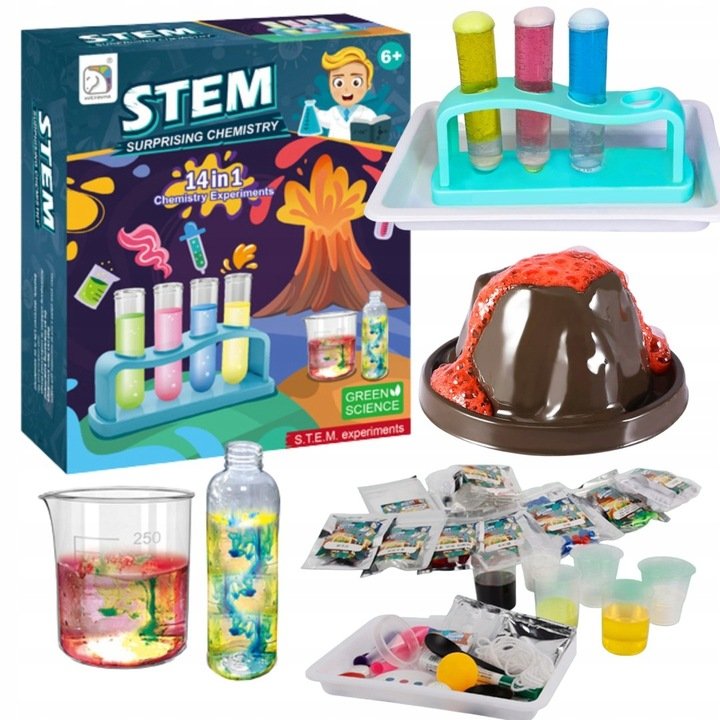 EKSPERYMENTY DLA DZIECI ZESTAW EDUKACYJNY WULKAN MAŁY CHEMIK 14W1 WYBUCH