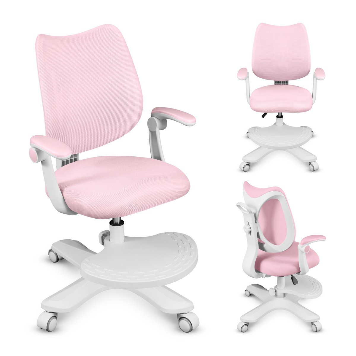 Fotel obrotowy ergonomiczny dla dzieci Junior 4.6 Grey, z regulacją wysokości oraz podnóżka, obracany o 360 stopni, różowy