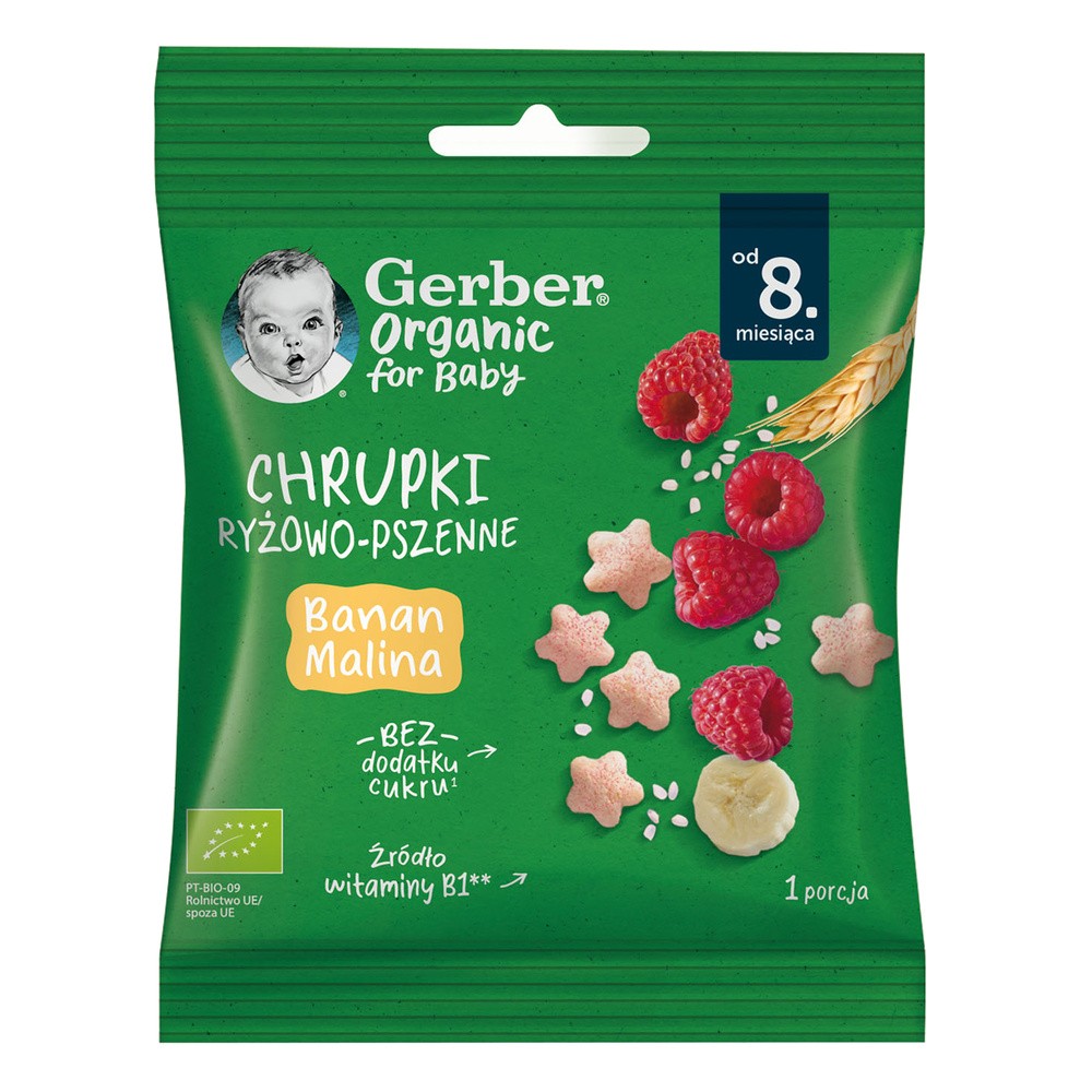 Gerber Organic Chrupki ryżowo-pszenne, banan, malina, po 8 miesiącu, 7 g