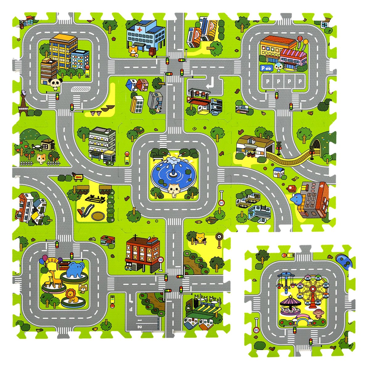 Humbi Mata edukacyjna Grube Puzzle piankowe 31,5 x 31,5 x 1 cm 9 elementów Kolorowe Ulice Miasto Uliczki Budynki Domy Domki