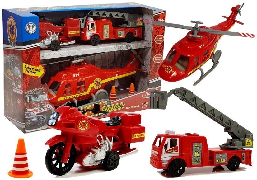 Import LEANToys Zestaw Pojazdów Straż Pożarna Helikopter Motor Światło Dźwięki