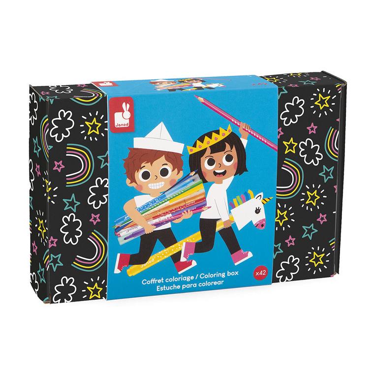 Janod Zestaw przyborów do kolorowania kredki flamastry Coloring box 42 el.