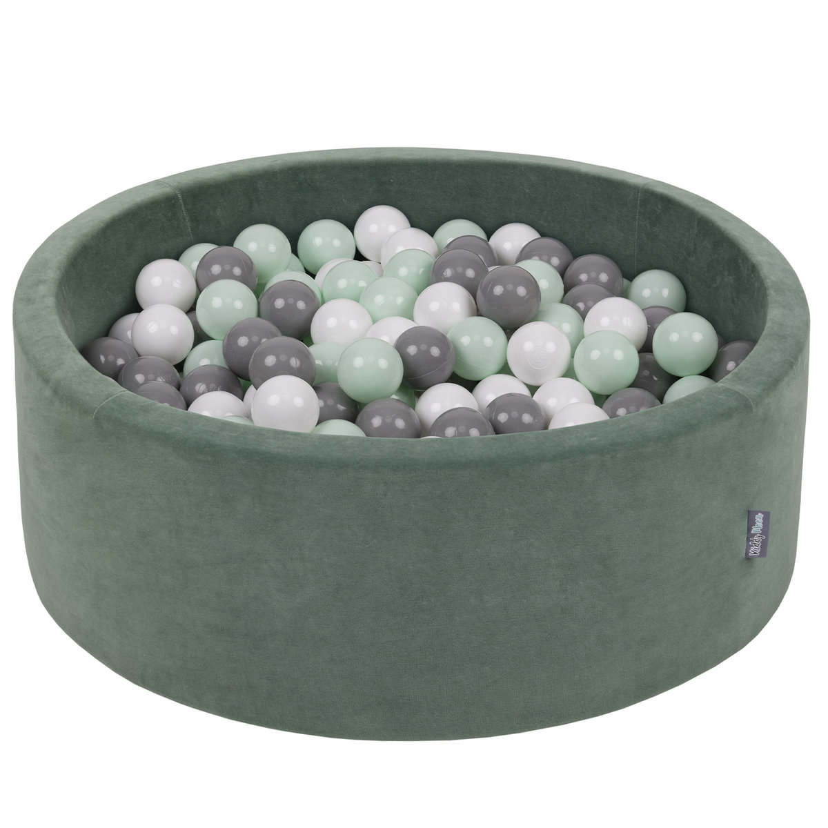 KiddyMoon Suchy basen okrągły VELVET z piłeczkami 7cm zieleń lasu: biały-szary-mięta 90x30cm/200piłek Zabawka basen piankowy