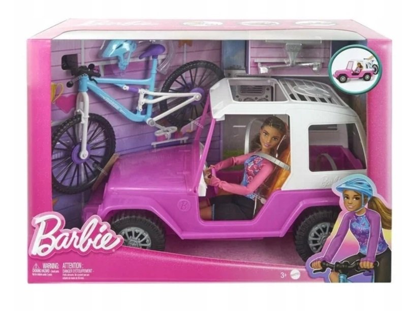 LALKA BARBIE MADE TO MOVE + AUTO JEEP + ROWER GÓRSKI duży zestaw do zabawy
