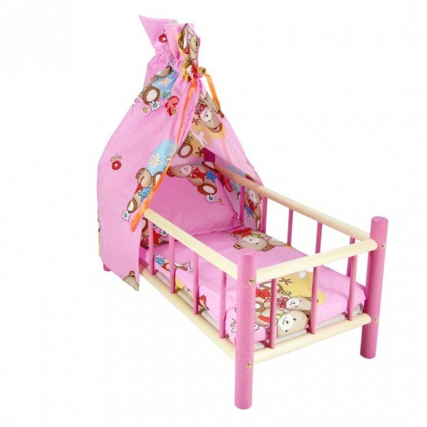 LAZUR-MIX Łóżeczko z baldachimem drewniane kolorowe z pościelą 60cm LAZUR 5907780108238