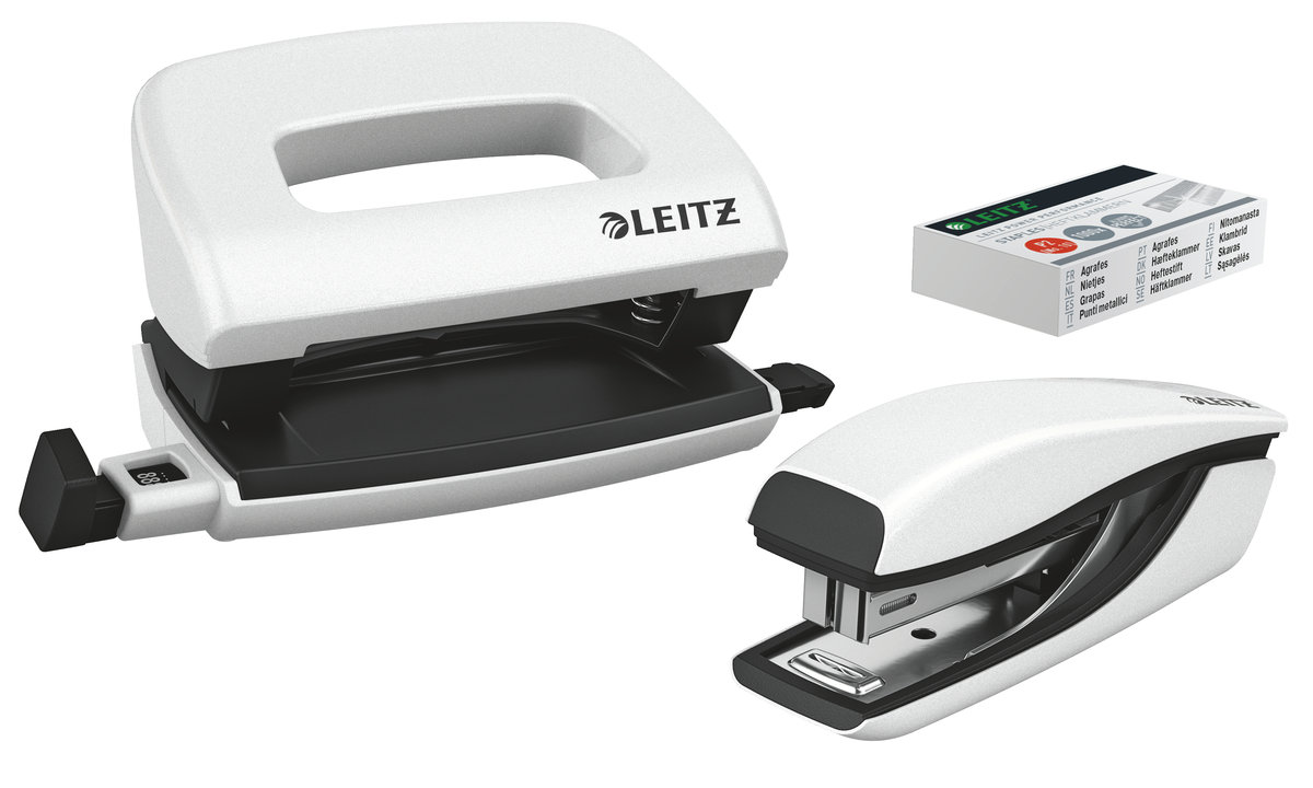 Leitz Zszywacz + dziurkacz Mini WOW metalowy, perłowy biały 55612001