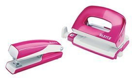Leitz Zszywacz + dziurkacz Mini WOW metalowy, różowy metalik 55612023