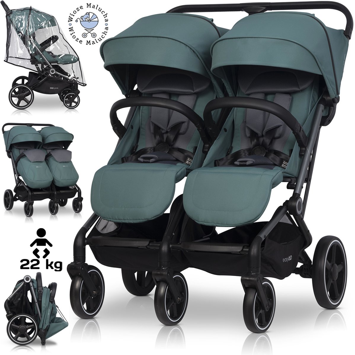 LEKKI WÓZEK BLIŹNIACZY EASYGO ECHO SAGE GREEN + FOLIA + DODATKI DO 47KG