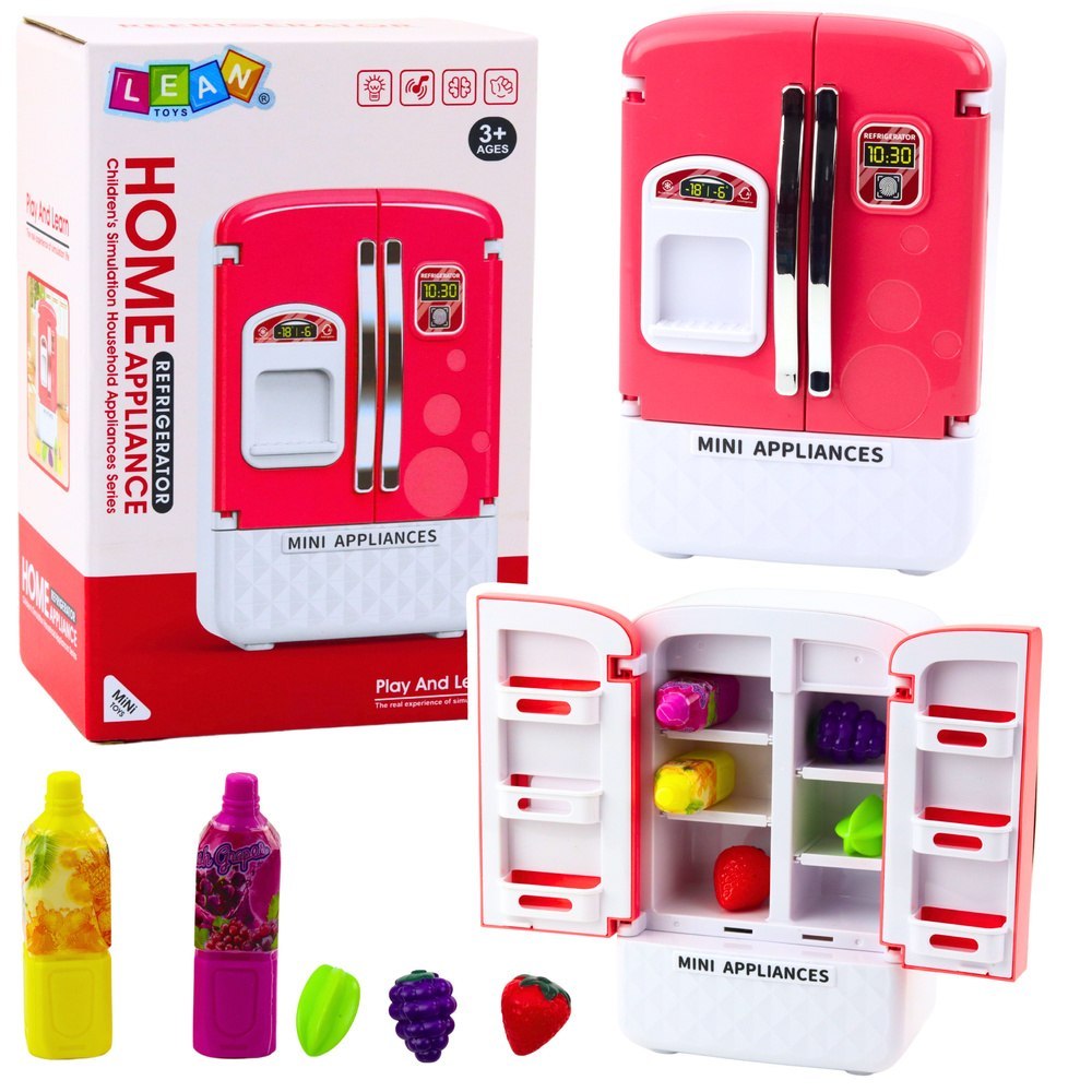 Lodówka Zabawkowa Dla Dzieci Owoce Soki Światła Dźwięki Różowa LEAN Toys