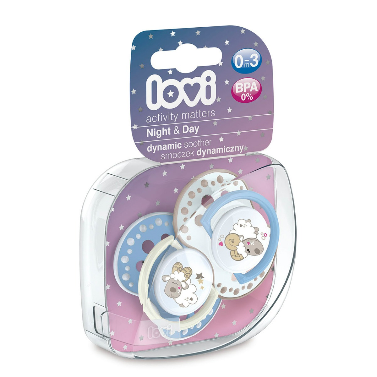 Lovi smoczek silikonowy dynamiczny 0-3m 2szt Night&Day Boy Lamb