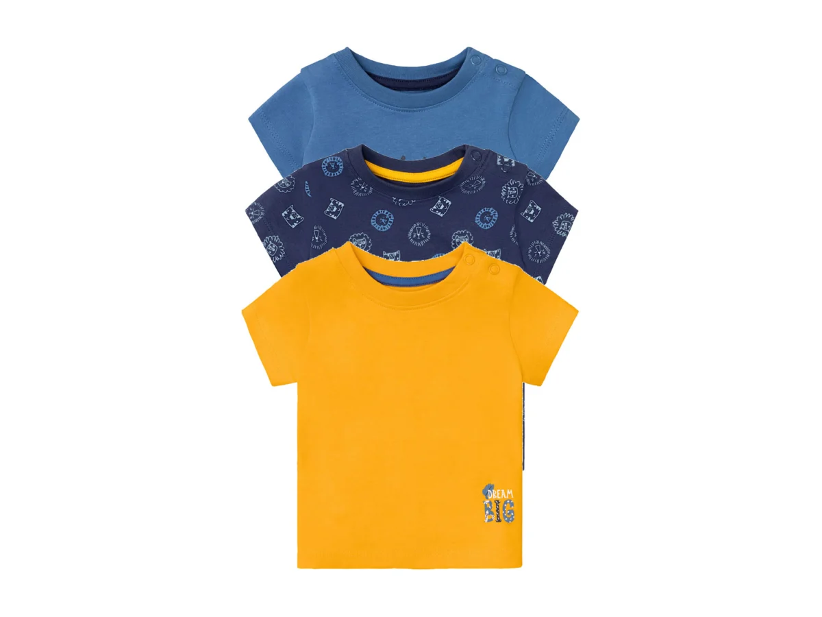 lupilu® T-shirt niemowlęcy z biobawełny, 3 sztuki (74/80, Granatowy/ niebieski/ żółty)