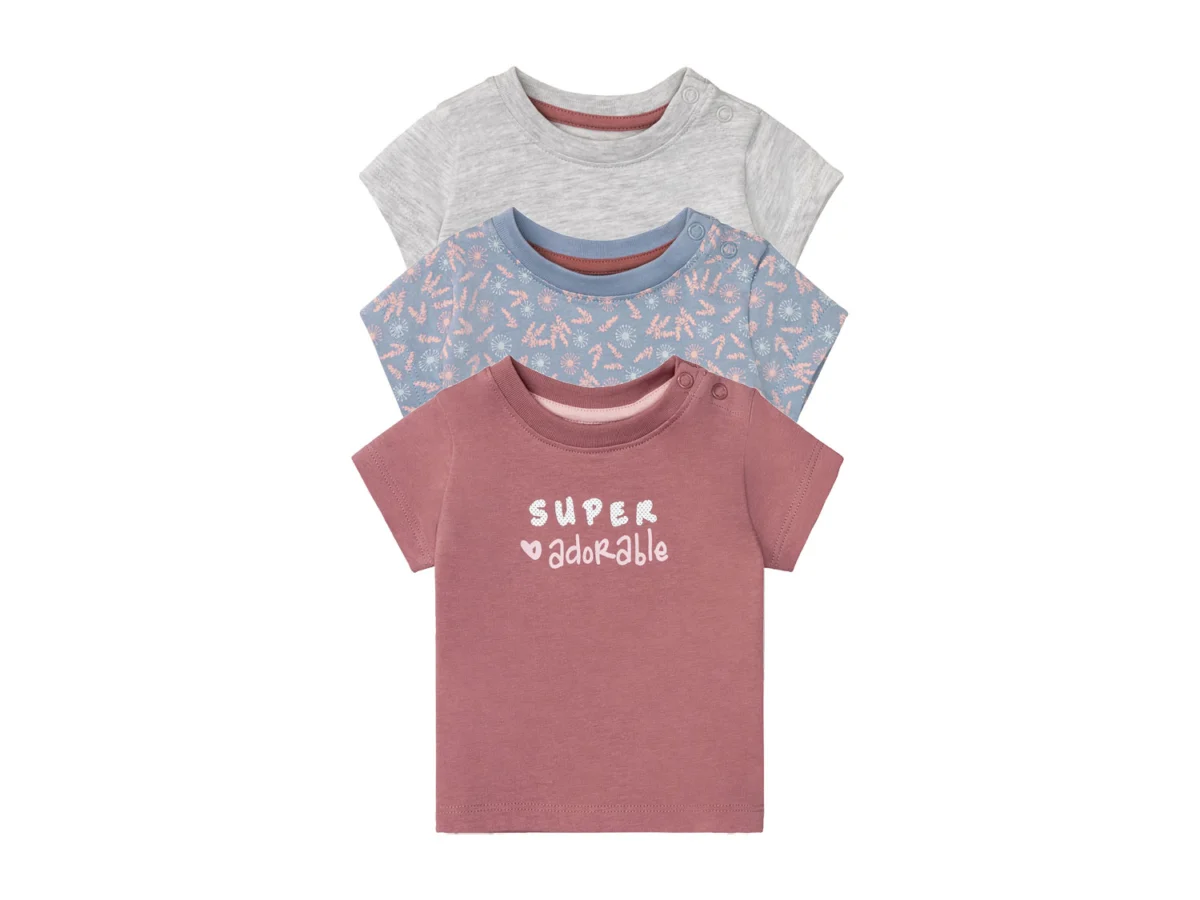 lupilu® T-shirt niemowlęcy z biobawełny, 3 sztuki (Różowy/ niebieski/ szary, 62/68)