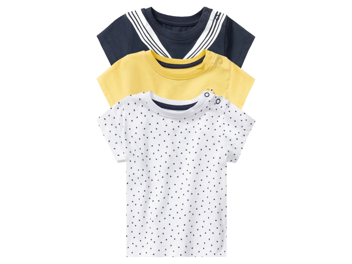 lupilu® T-shirty niemowlęce z biobawełny, 3 sztuki (50/56, Biały/żółty/granatowy)