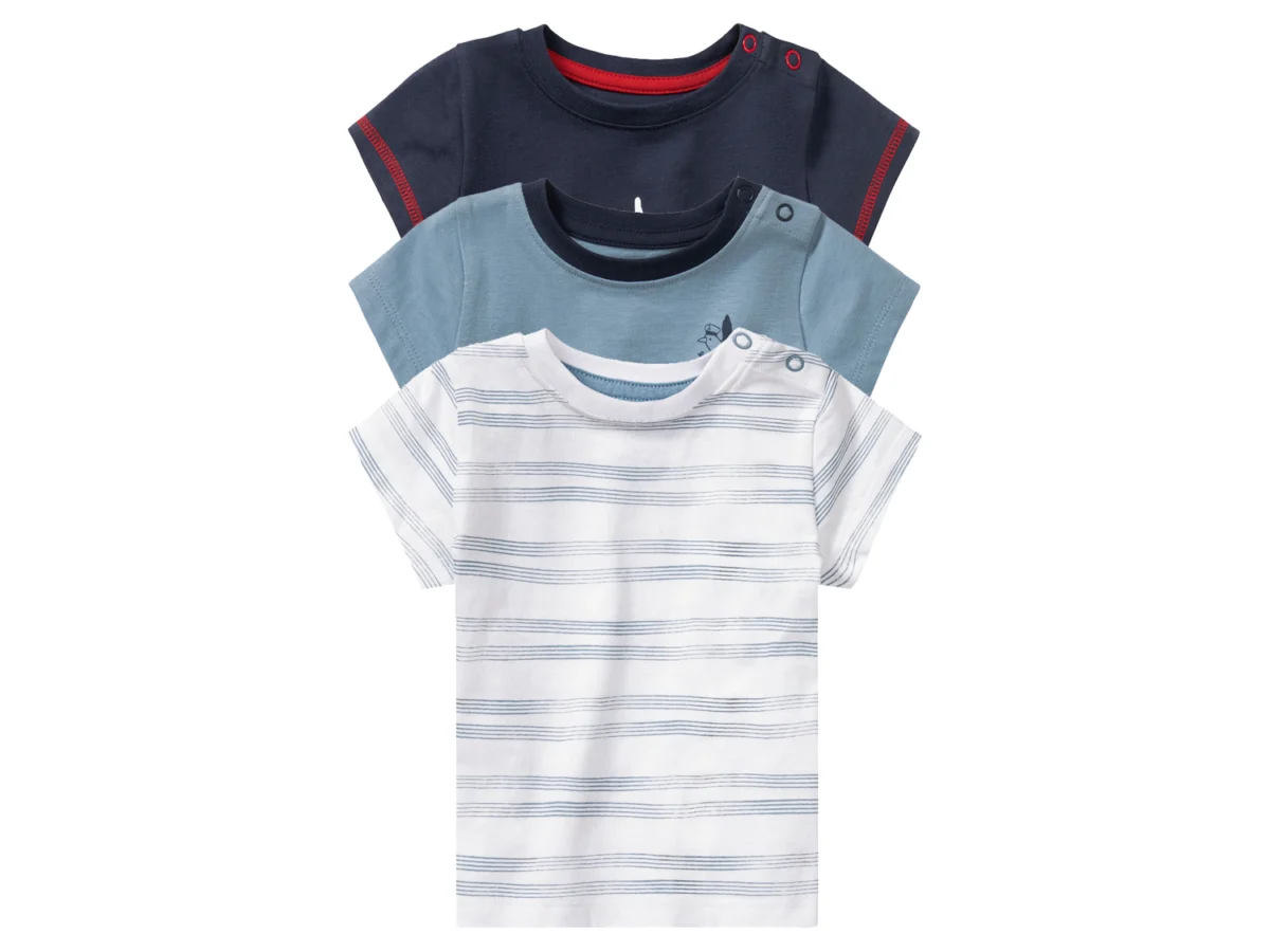 lupilu® T-shirty niemowlęce z biobawełny, 3 sztuki (74/80, Biały/granatowy/niebieski)