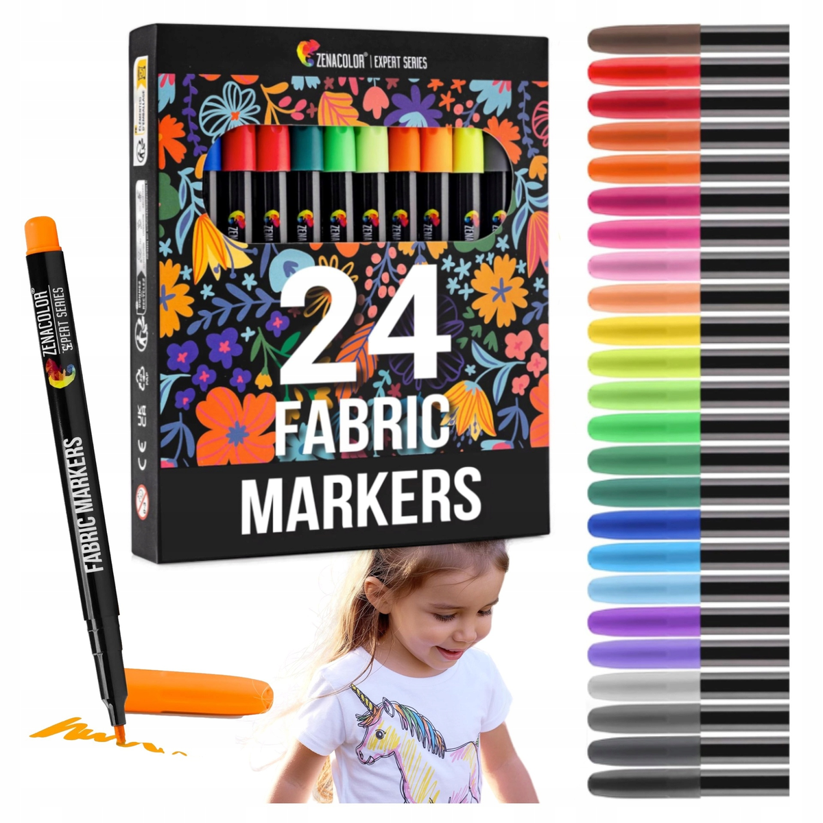 MARKERY DO TEKSTYLIÓW ZENACOLOR 24 KOLORY PISAKI DO TKANIN DZIEŃ DZIECKA