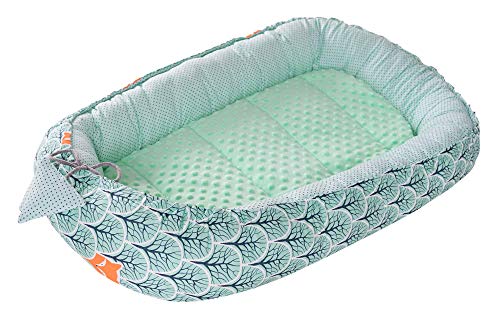 Medi Partners Gniazdo niemowlęce dla niemowląt, gniazdko, 100% bawełna, łóżeczko turystyczne dla niemowląt, niemowląt, 90 x 50 x 13 cm, wyjmowana wkładka (las z miętowym miętowym różem) 5903031427844
