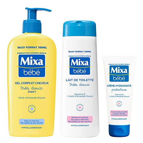 Mixa Baby Routine kąpiel i toaleta, Bardzo miękki żel 2 w 1 do ciała i włosów 300 ml, mleko toaletowe 300 ml, ochronny krem nawilżający 100 ml