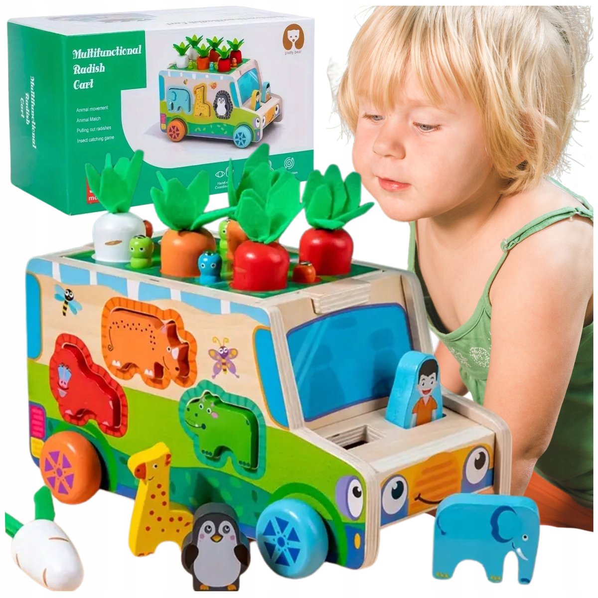MONTESSORI DREWNIANY SORTER AUTO UKŁADANKA KLOCKI ZŁAP ROBACZKA ZWIERZĄTKA