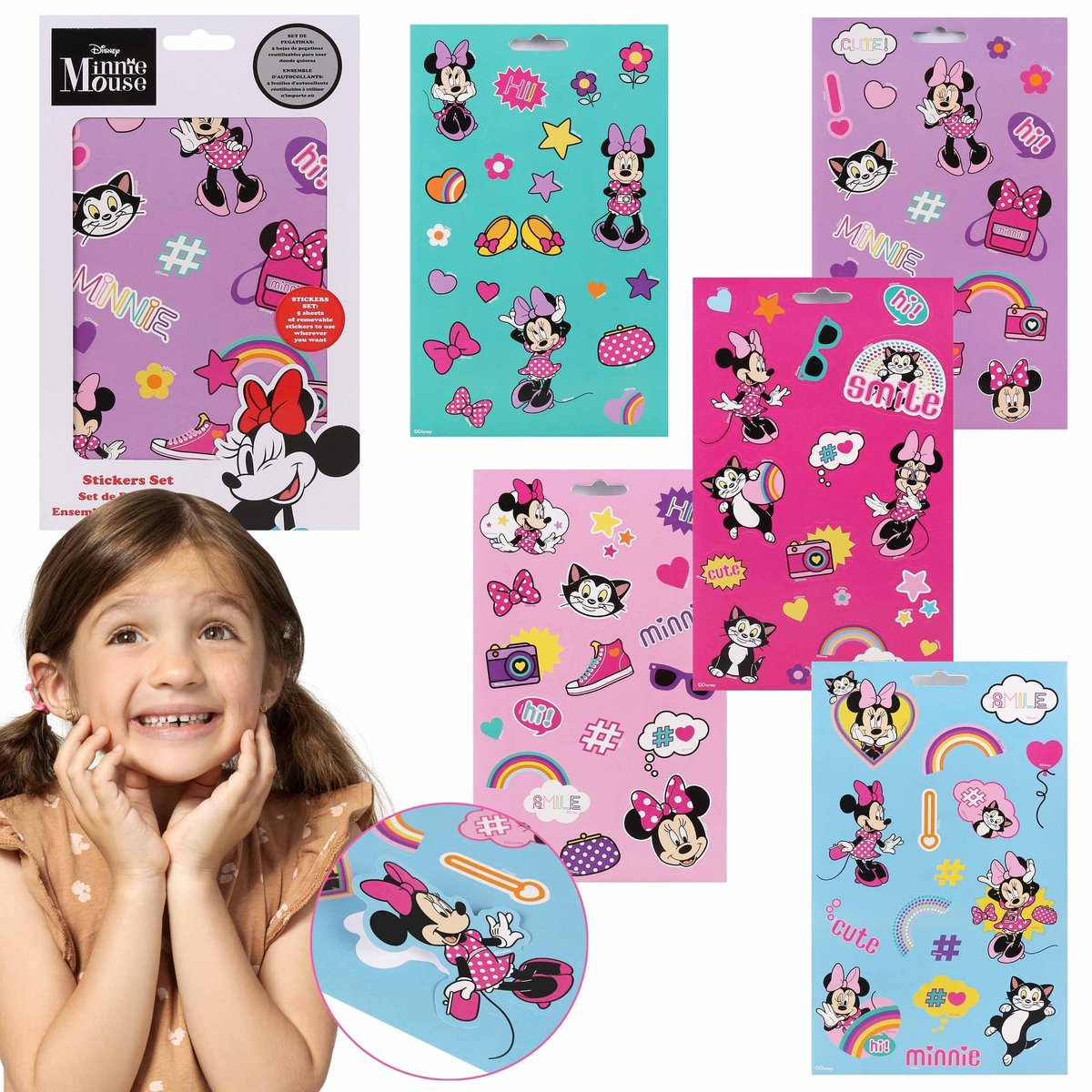 Myszka Minnie Zestaw kolorowych naklejek, naklejki dla dzieci, 5 arkuszy