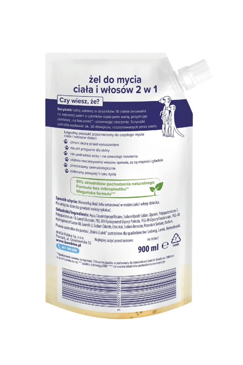 NIVEA Bambino Dzieciaki Żel do mycia ciała i włosów 2w1 Surykatki Refill 900 ml