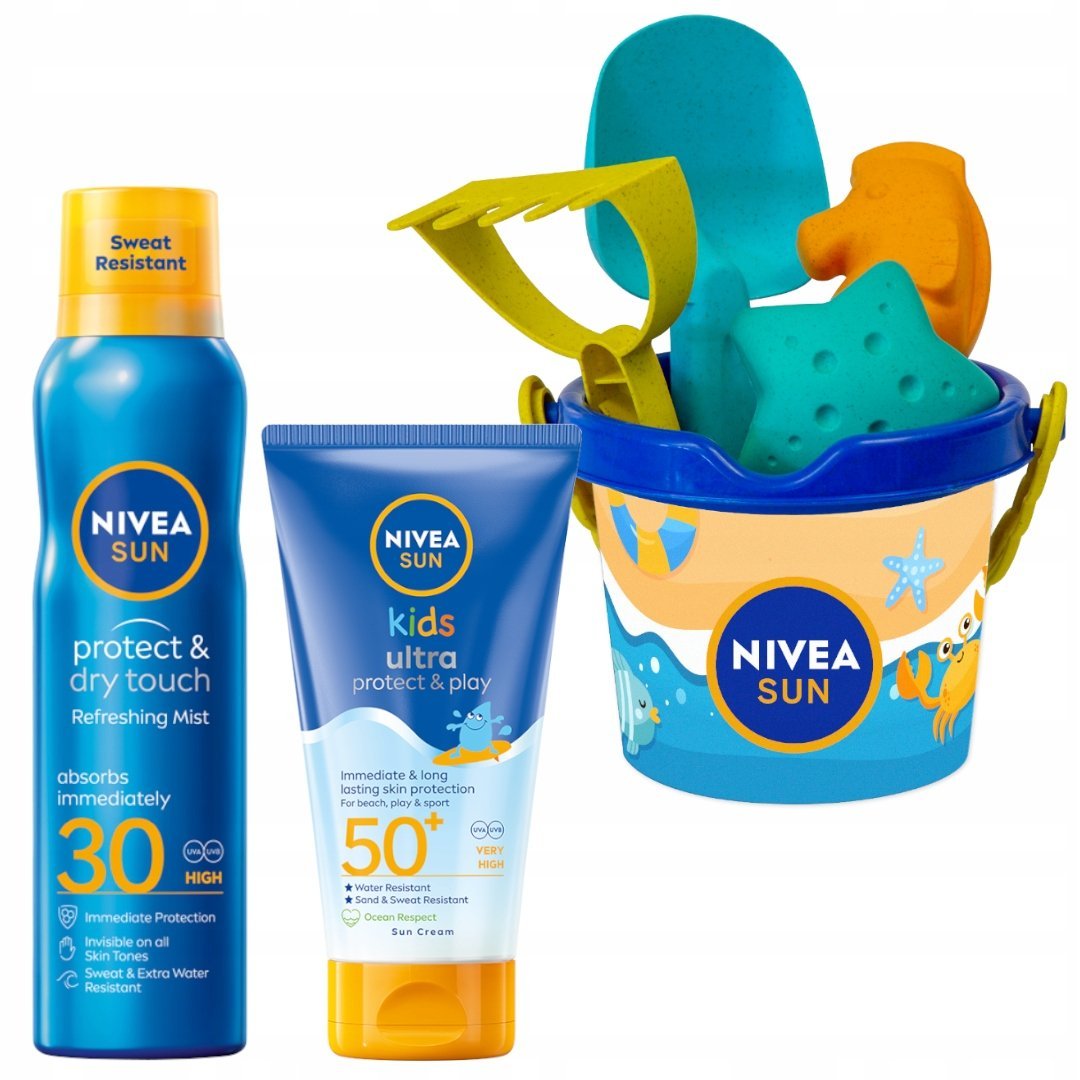 NIVEA SUN Spray do opalania SPF30 + Balsam dla dzieci SPF50 + Zabawki