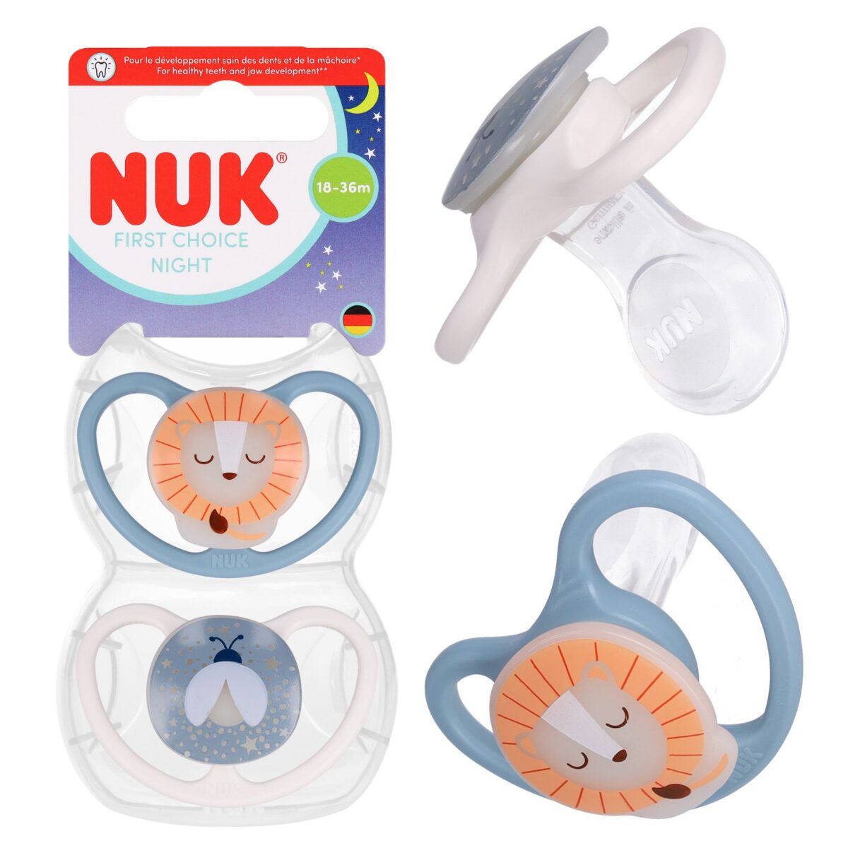 NUK Perfect Match Air Night, smoczek uspokajający, świecący w ciemności, 18-36 miesięcy, silikonowy, anatomiczny, Lew, 2 sztuki