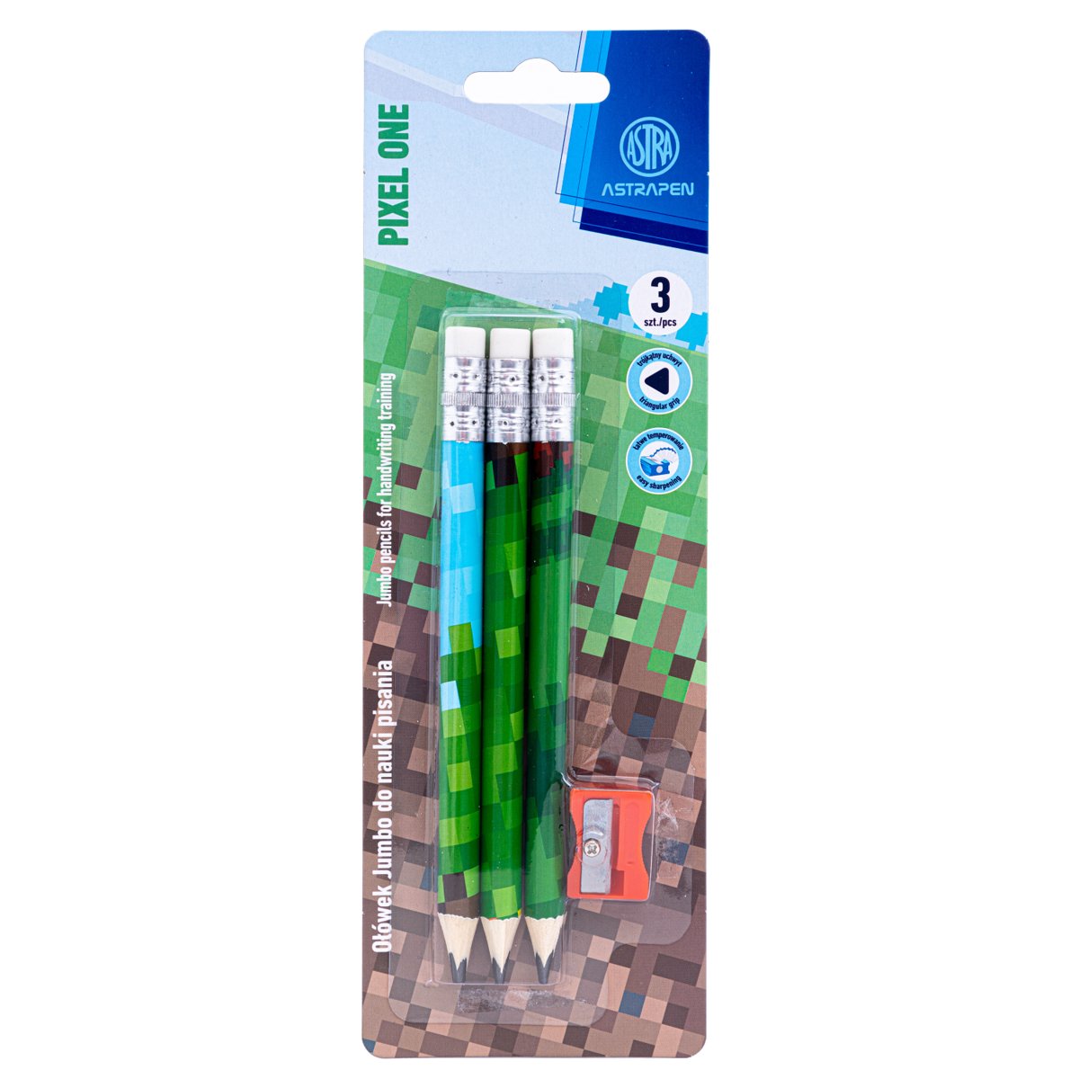 Ołówki Grafitowe Trójkątne Hb Jumbo Astrakids Pixel One 3Szt + Temperówka