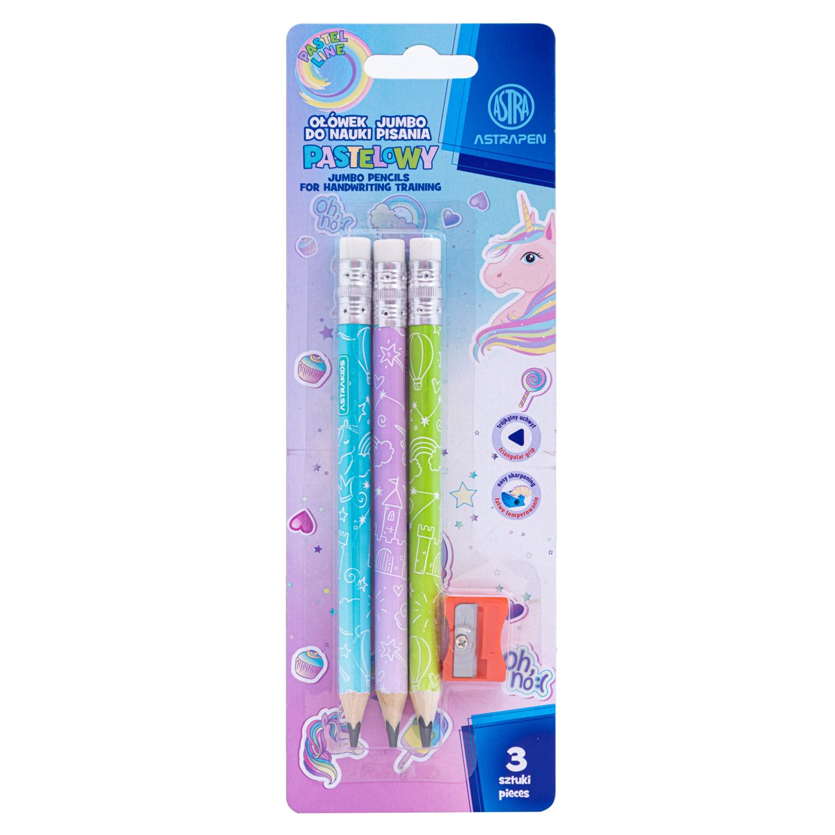 Ołówki Grafitowe Trójkątne Hb Jumbo Astrakids Unicorn 3Szt + Temperówka