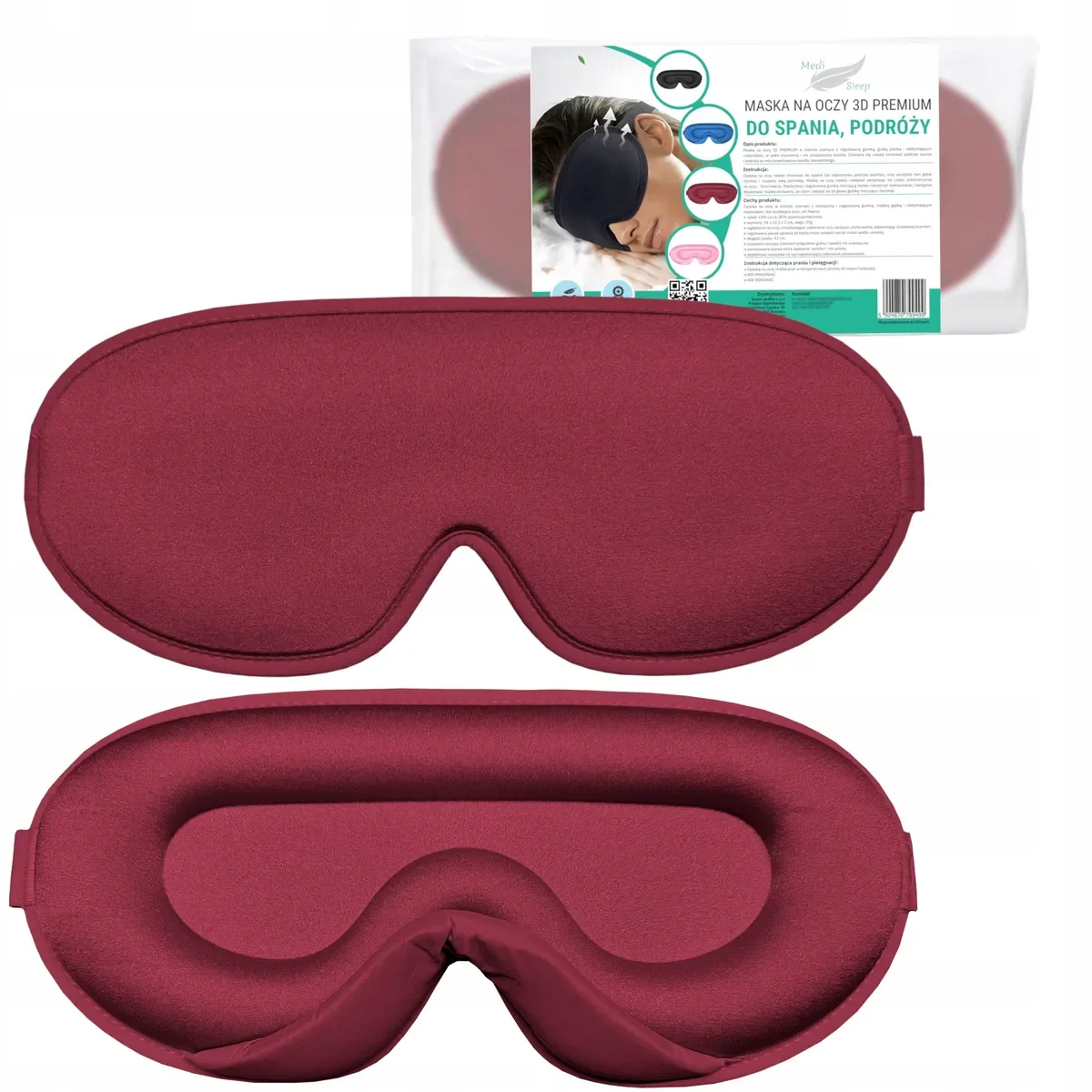 OPASKA MASKA NA OCZY DO SPANIA 3D MASKA ZACIEMNIAJĄCA 99% ŚWIATŁA czerwony poliester
