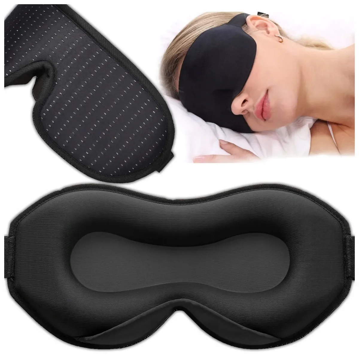 OPASKA NA OCZY DO SPANIA MASKA 3D REGULOWANA LEKKA 100% ZACIEMNIENIA CZARNA czarny poliester